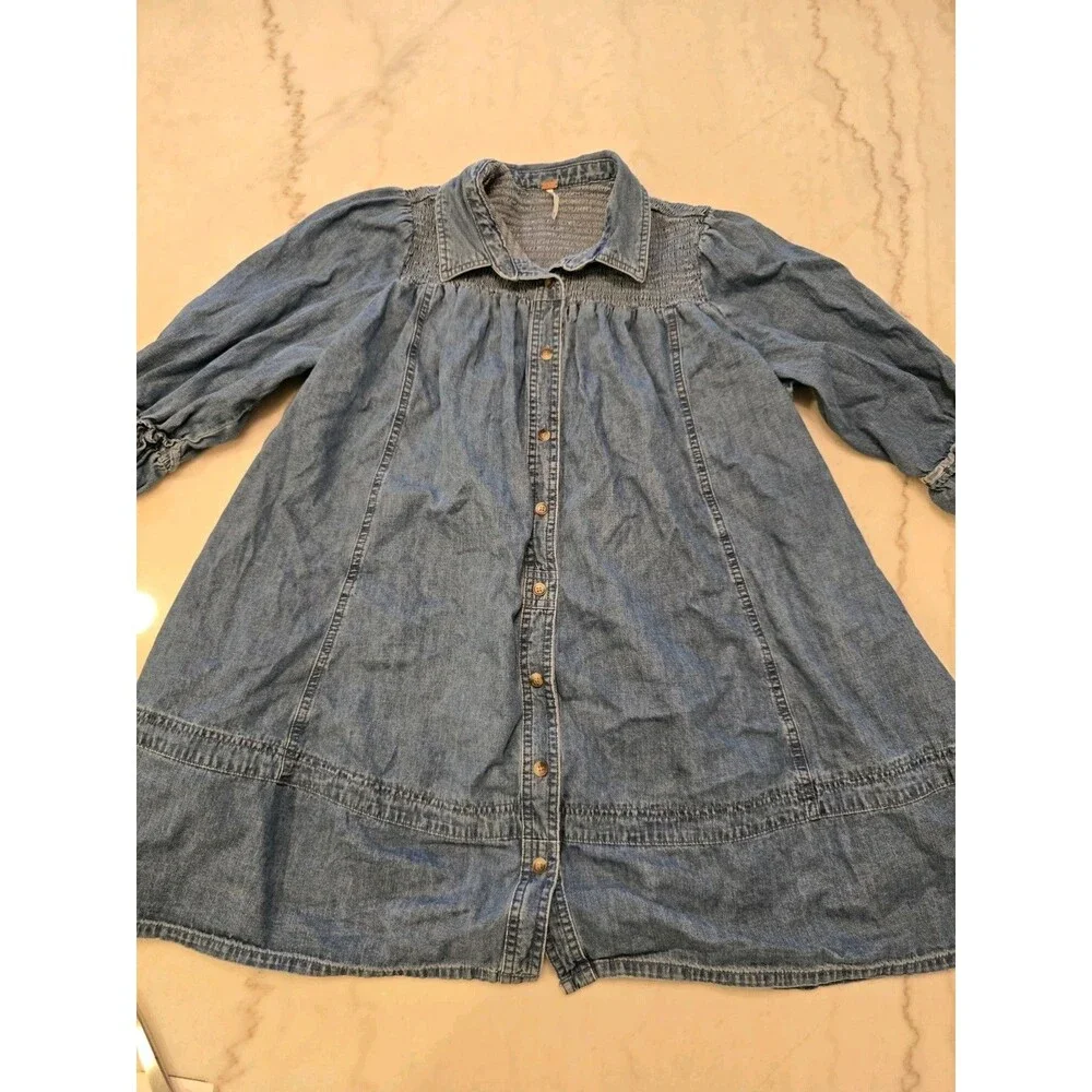 Free People Find Me Now Denim Smocked Button Down Mini Dress Tunic Pockets Med